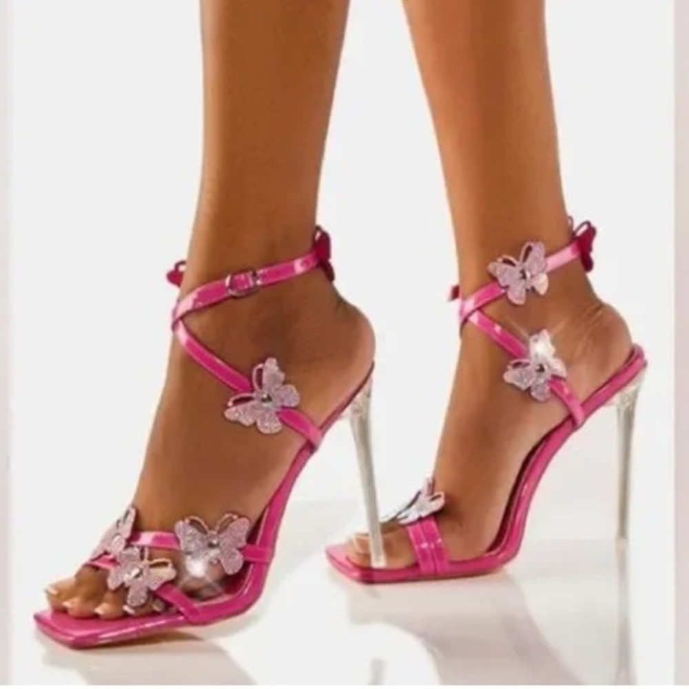 Revolve AZAELIA WANG y2k butterfly sparkly ankle wrap pink heels size 9